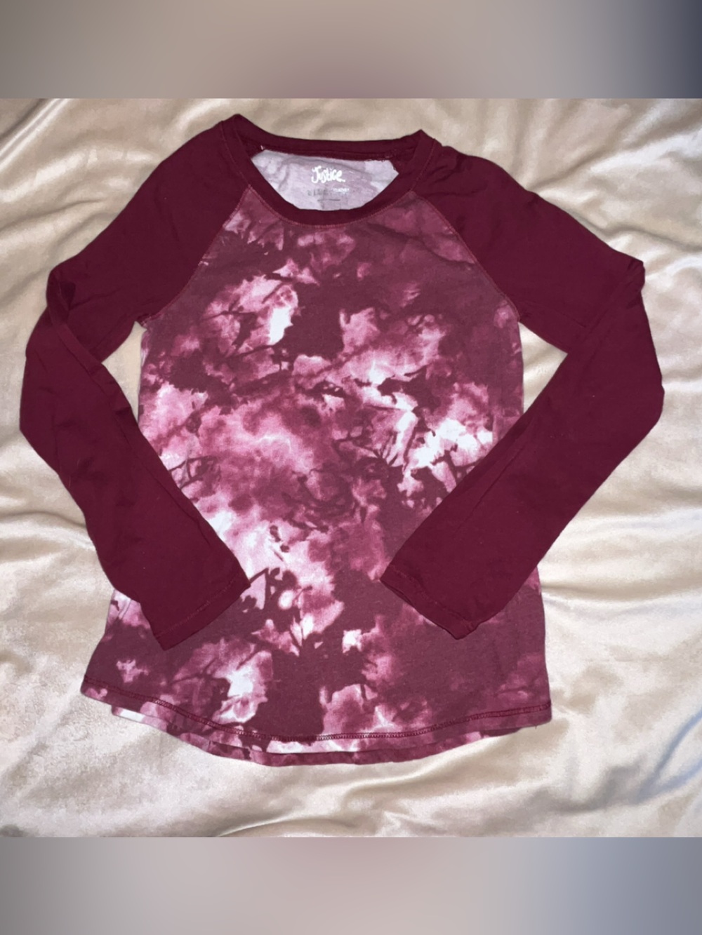Justice Girls Long Sleeve Tie-Dye Tee in Burgundy and Pink